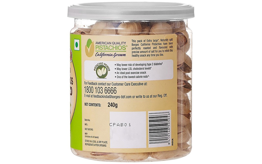 Borges California Pistachios Roasted & Salted   Plastic Jar  240 grams